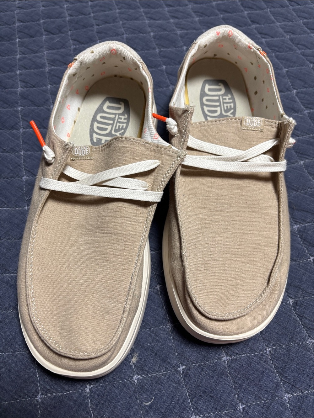 Hey Dude Women's Slip-On Loafers in Beige with White Laces and Orange Accents